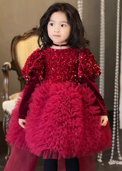 Stylish Red Silk Velour Sequins Tulle Kids Long Dress Winter RP031