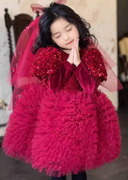 Stylish Red Silk Velour Sequins Tulle Kids Long Dress Winter RP031