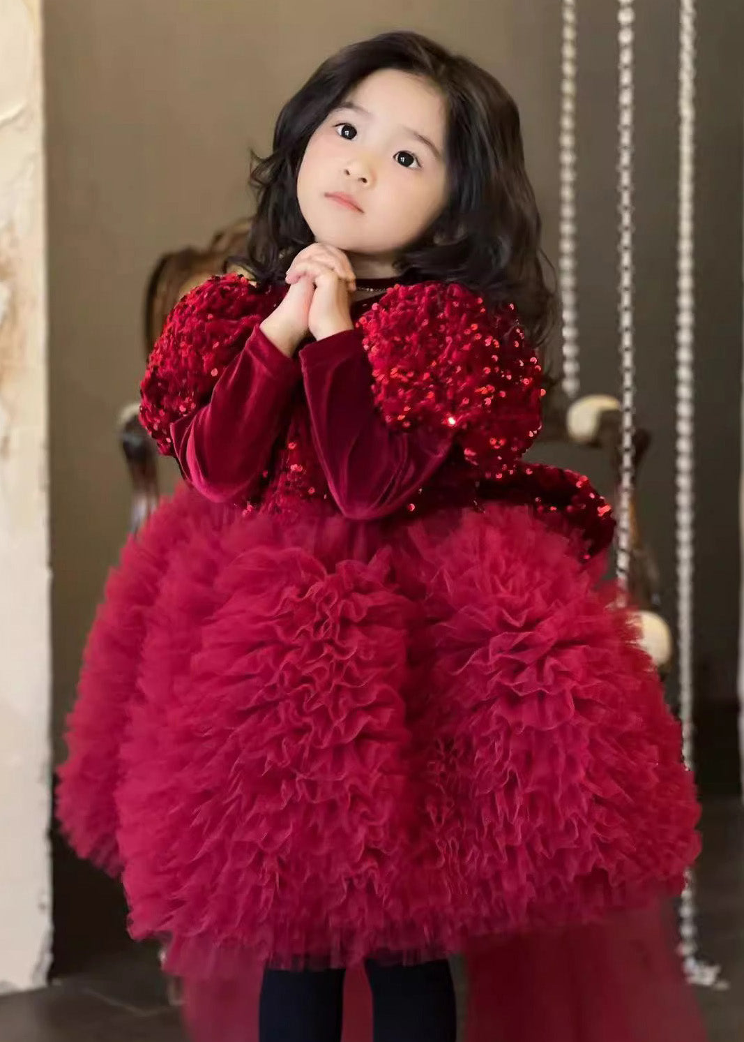 Stylish Red Silk Velour Sequins Tulle Kids Long Dress Winter RP031