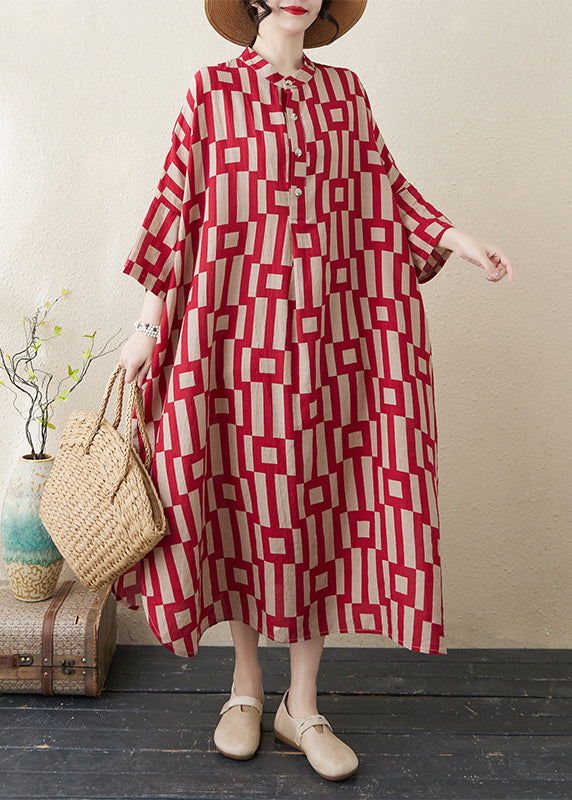Red Side Open Collar Stylish Stand Striped Bracelet Dress Long