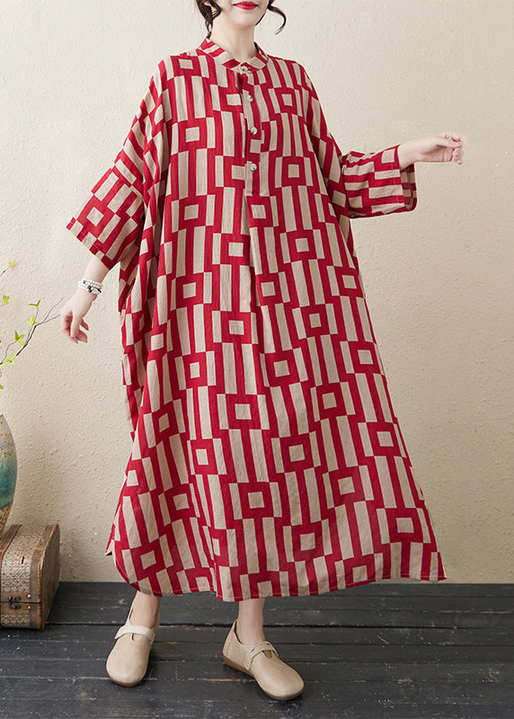 Red Side Open Collar Stylish Stand Striped Bracelet Dress Long