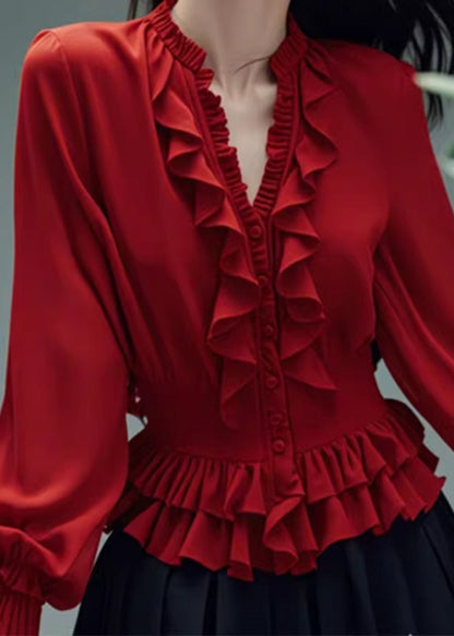 Stylish Red V Neck Ruffled Button Cotton Blouses Spring RL048