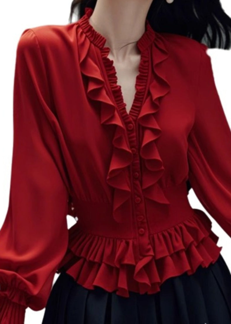 Stylish Red V Neck Ruffled Button Cotton Blouses Spring RL048