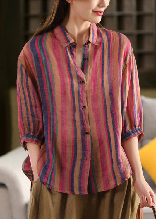 Chemises à col en lin avec bracelet Rose Pan Peter et rayures élégantes