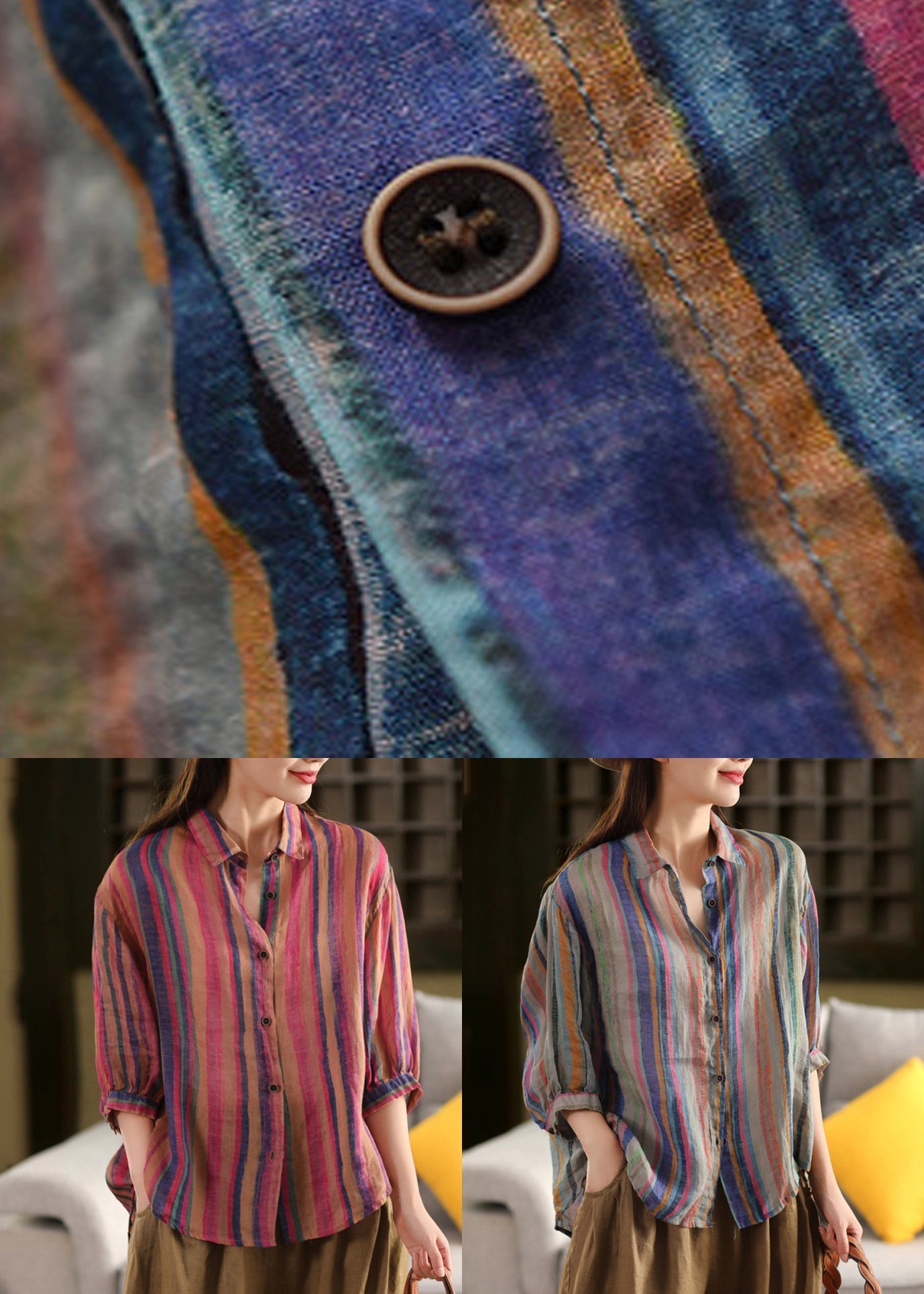 Rose Pan Peter Bracelet Linen Collar Shirts Stylish Striped