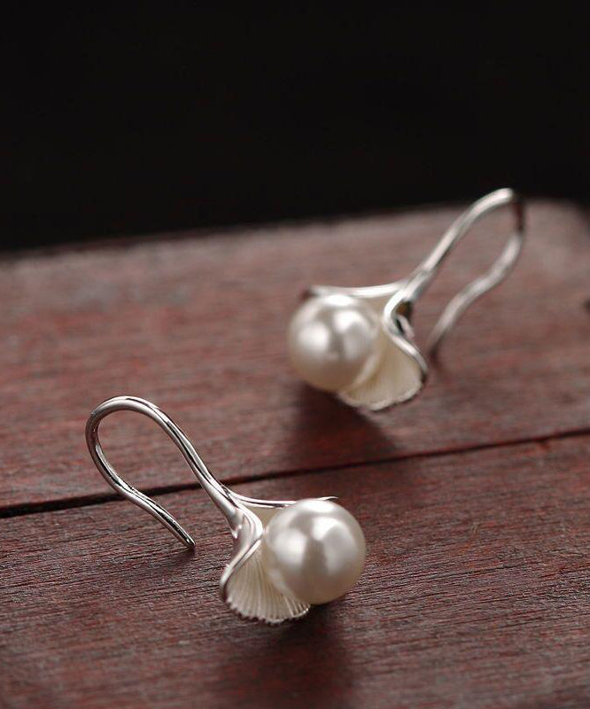 Stylish Leaves Earrings Silk Sterling Silver Stud Ginkgo Pearl