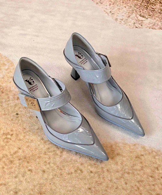 Escarpins à talons hauts en cuir de vachette bleu élégant et gris à bout pointu
