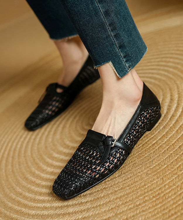 Cowhide Splicing Stylish Leather Women Loafers For Black