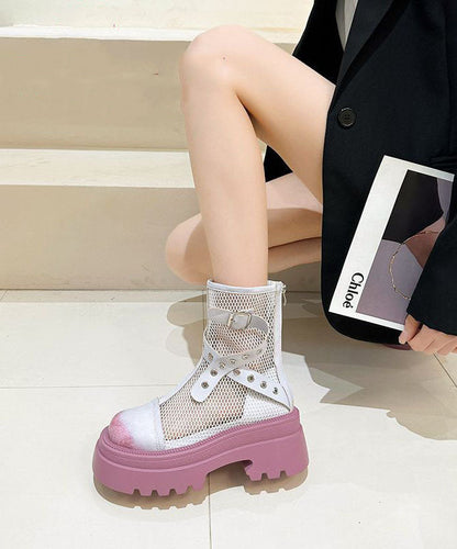 Stylish Splicing Platform Boots Pink Breathable Mesh JJ039