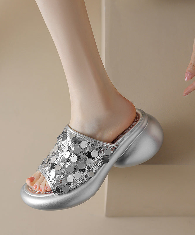 Splicing Gold Stylish Platform Peep Slide Sandals Sequins Toe