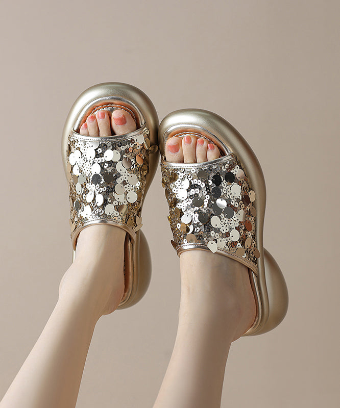 Splicing Gold Stylish Platform Peep Slide Sandals Sequins Toe