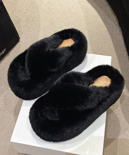 Stylish Splicing Platform Slippers Shoes Khaki Fuzzy Fur OM019