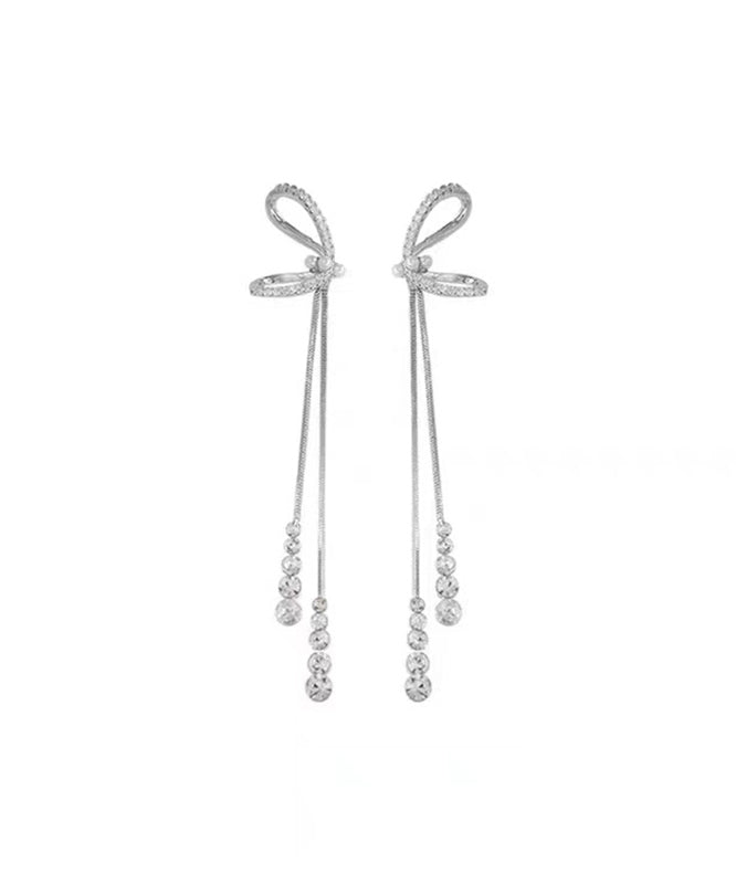 Boucles d'oreilles pendantes élégantes en argent sterling avec nœud et pompon QQ013