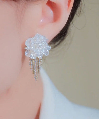 Stylish White Alloy Zircon Floral Tassel Stud Earrings EY016