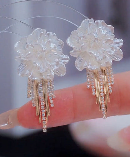 Stylish White Alloy Zircon Floral Tassel Stud Earrings WZ014