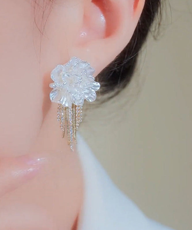 Stylish White Alloy Zircon Floral Tassel Stud Earrings EY016