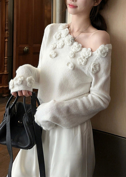 Stylish White Cold Shoulder Solid Knit Sweater Winter WK036