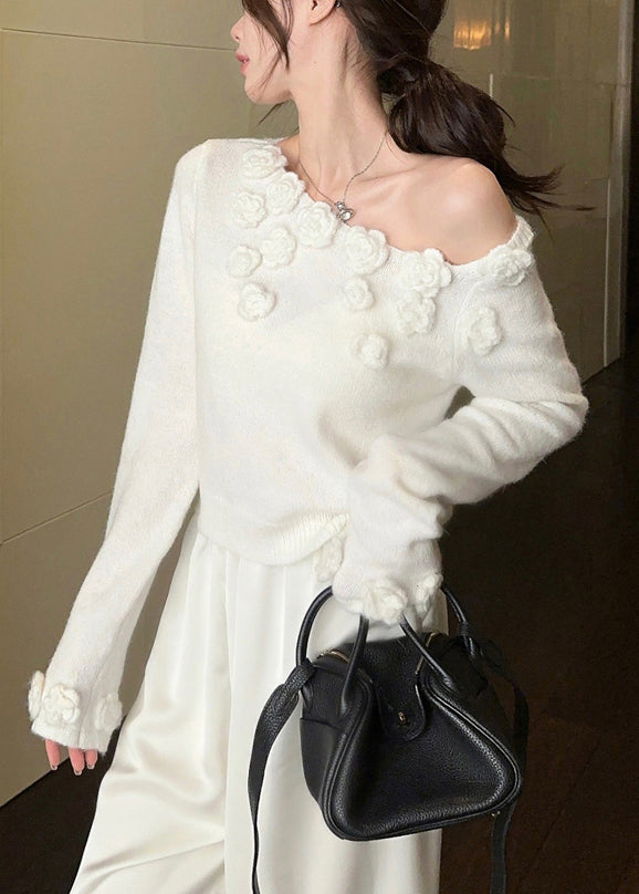 Stylish White Cold Shoulder Solid Knit Sweater Winter WK036