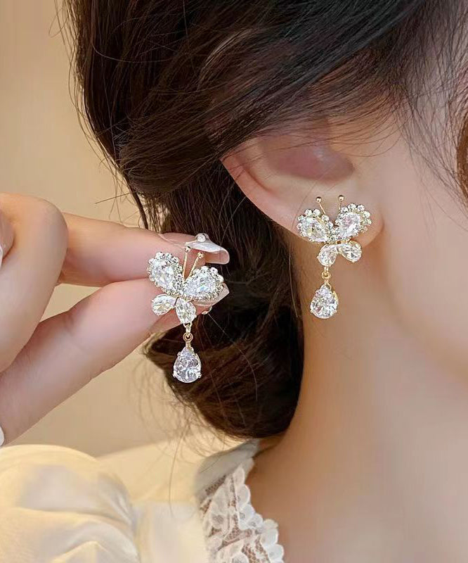 Stylish White Copper Alloy Zircon Butterfly Tassel Drop Earrings WH026