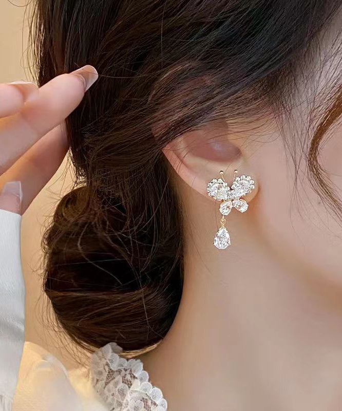 Stylish White Copper Alloy Zircon Butterfly Tassel Drop Earrings WH026