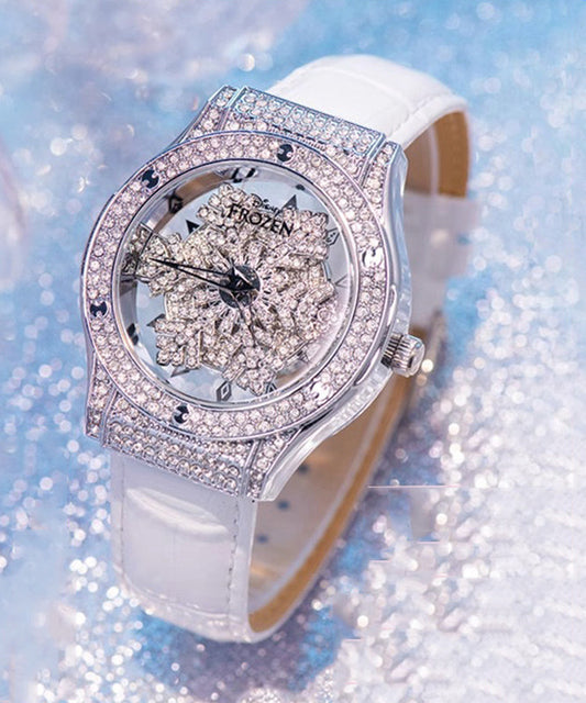 Montres à quartz étanches et élégantes en cuir et zircon, mouvement blanc