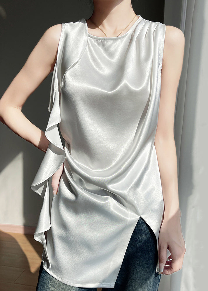 Tank White Open Silk Sleeveless Stylish Side Neck O