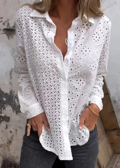 Stylish White Peter Pan Collar Hollow Out Cotton Shirt Fall QY036