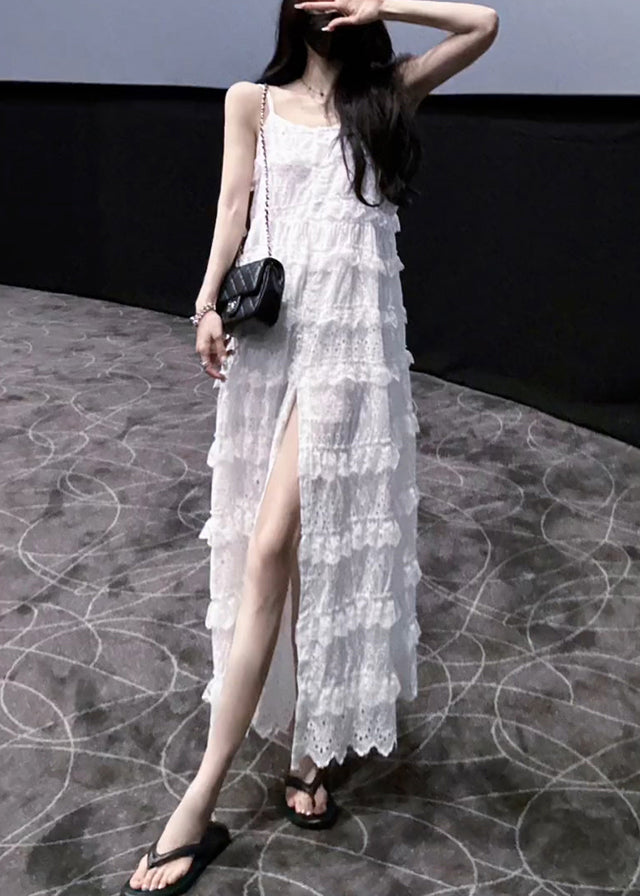 Stylish White Ruffled Side Open Lace Spaghetti Strap Dress Sleeveless KK060