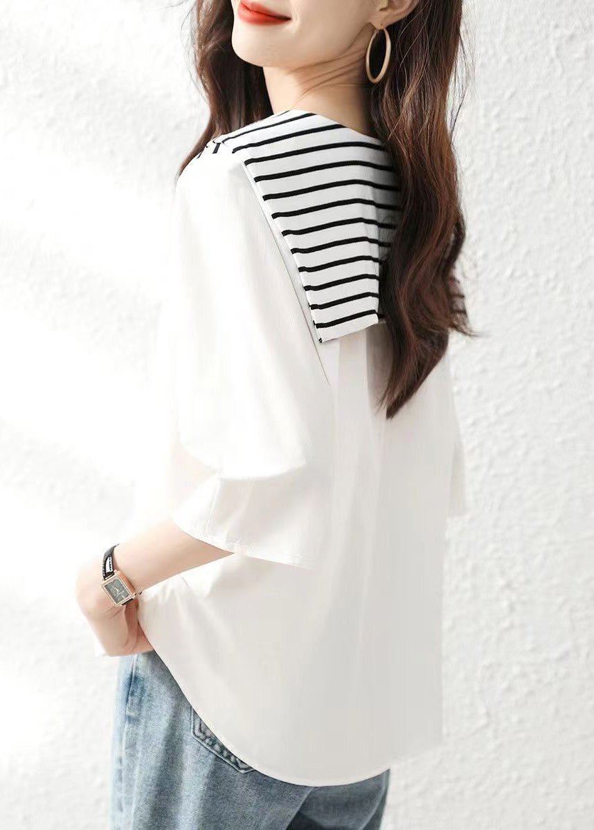 Stylish White Striped Sailor Collar Cotton Blouse Tops Summer BV014