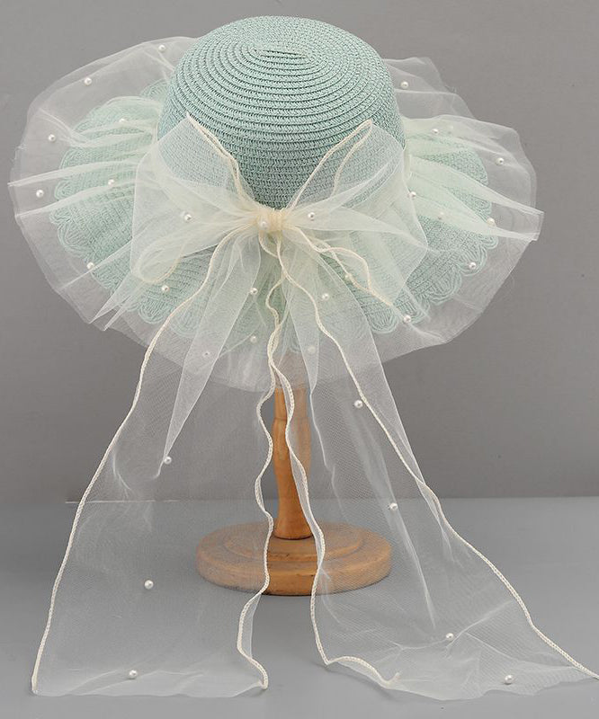Stylish Floppy Sun Bow White Hat Straw Woven Tulle