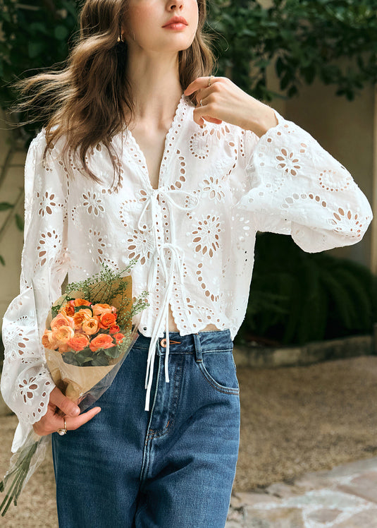 Hals Frühling Shirt Out V Spitze Baumwolle Up Weiß Stilvolle Hohl