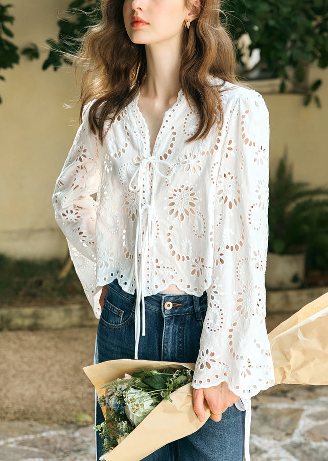 Hals Frühling Shirt Out V Spitze Baumwolle Up Weiß Stilvolle Hohl