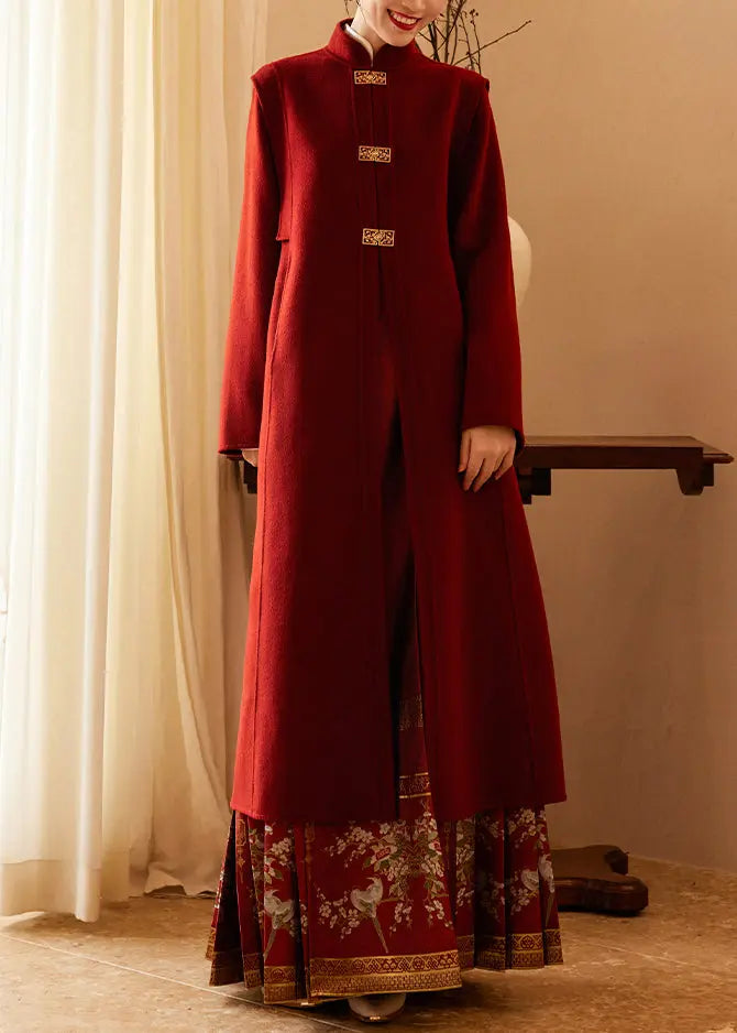 Stylish Wine Red Stand Collar Tie Waist Woolen Long Coats Fall Ada Fashion