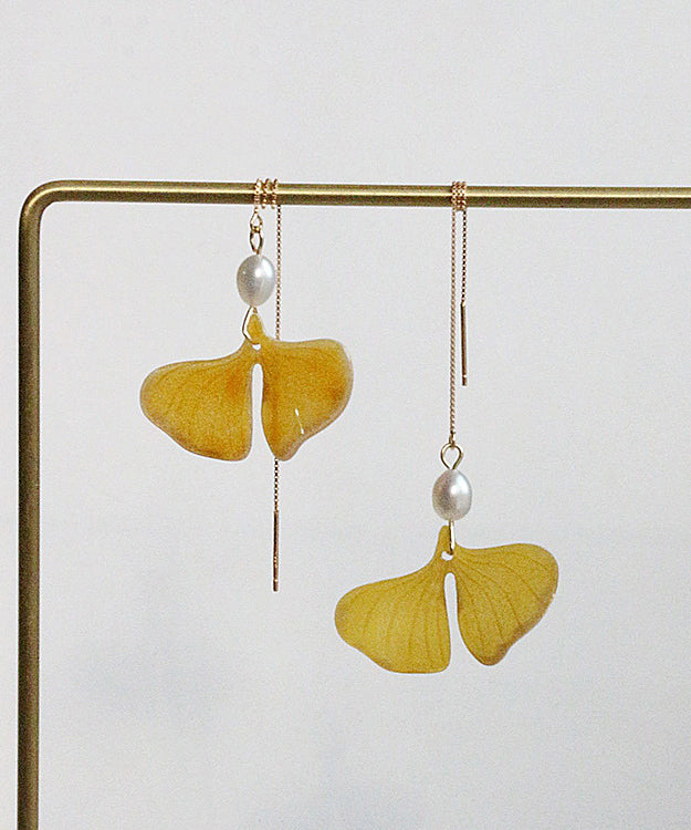 Boucles d'oreilles pendantes élégantes en or jaune 14 carats avec perles et pampilles en forme de feuille de ginkgo GH1070