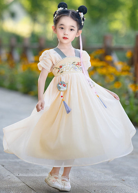 Long Kids Tassel Yellow Embroideried Stylish Chiffon Nail Bead