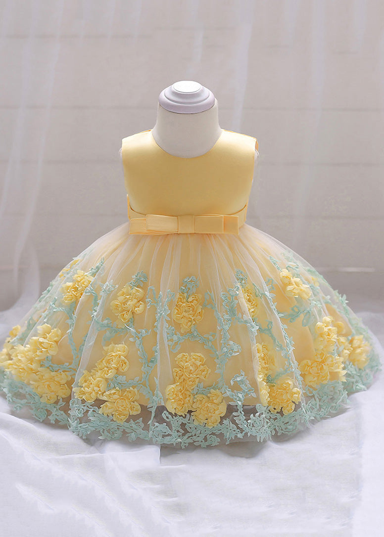 Robe longue jaune élégante à col rond et broderie florale en tulle pour fille, été YS031