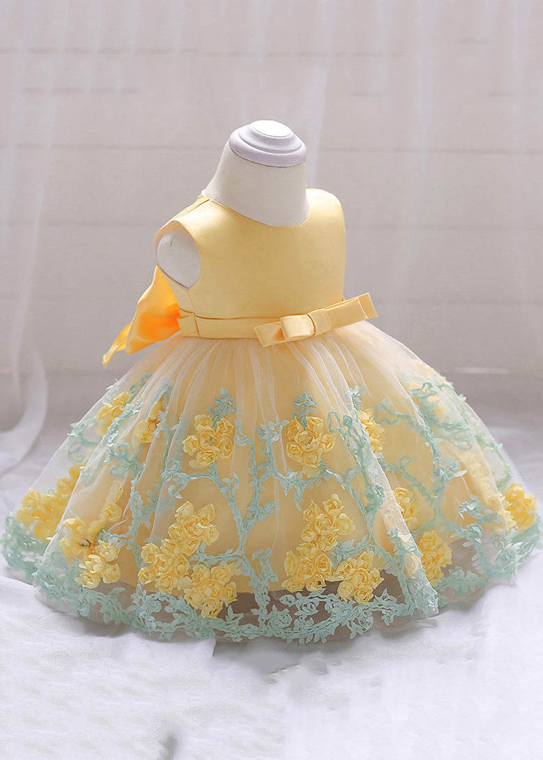 Robe longue jaune élégante à col rond et broderie florale en tulle pour fille, été YS031