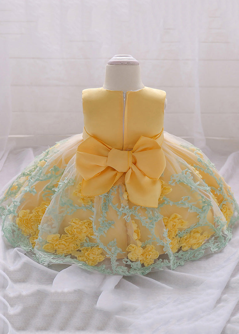 Robe longue jaune élégante à col rond et broderie florale en tulle pour fille, été YS031