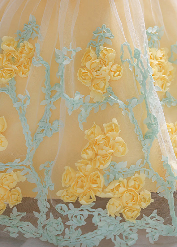 Robe longue jaune élégante à col rond et broderie florale en tulle pour fille, été YS031