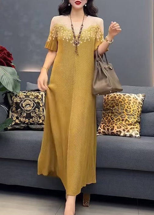 Yellow Cotton O-Neck Dress Stylish Print Summer Long