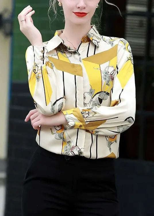 Stylish Yellow Peter Pan Collar Print Silk Shirt Long Sleeve Ada Fashion