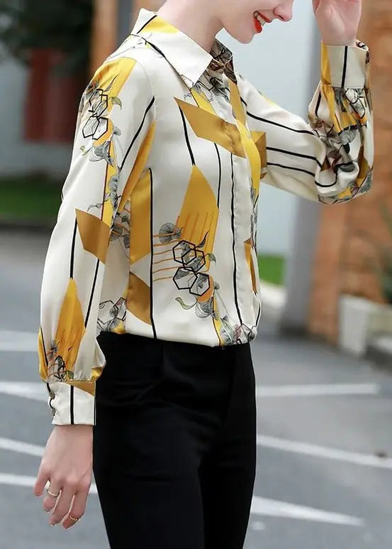 Stylish Yellow Peter Pan Collar Print Silk Shirt Long Sleeve Ada Fashion