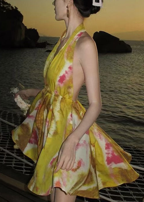 Chiffon Backless Yellow Print Up Lace Mini Dresses Stylish