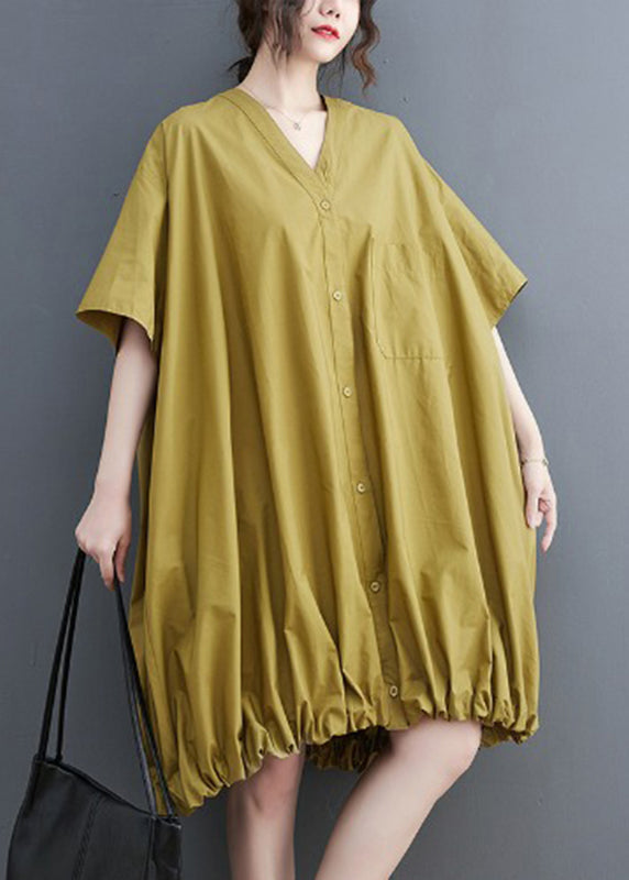 Robe mi-longue jaune élégante à col en V et cordon de serrage pour l'été GH1028