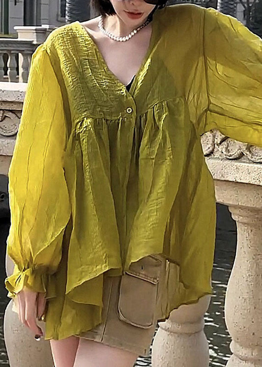 Chemise élégante en coton et soie à col en V jaune et manches lanternes BV036