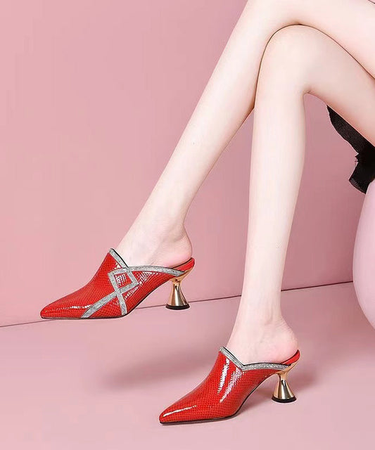 Stylish Zircon High Heel Red Cowhide Leather Slide Sandals CZ1035