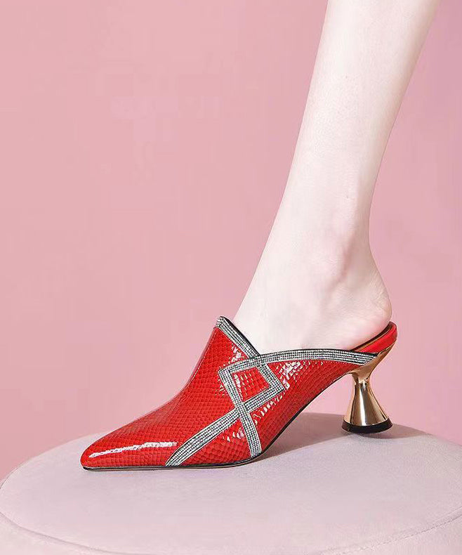 Stylish Zircon High Heel Red Cowhide Leather Slide Sandals CZ1035