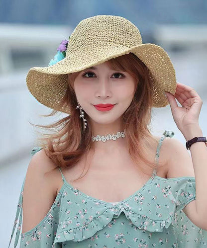 Summer Beach Flower Large Straw Soven Foldable Sunshade Hat YU1022