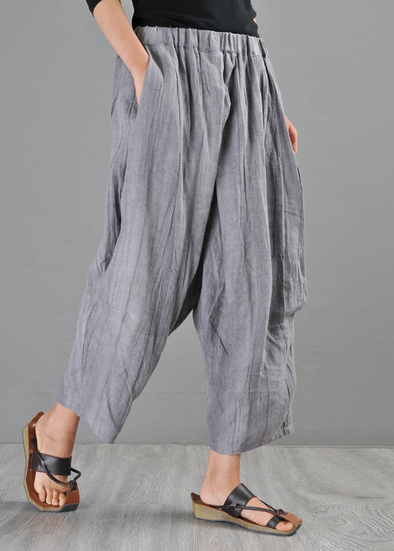 Sommer Neue Grau Elastische Taille Lose Leinen Harlen Hosen AP069