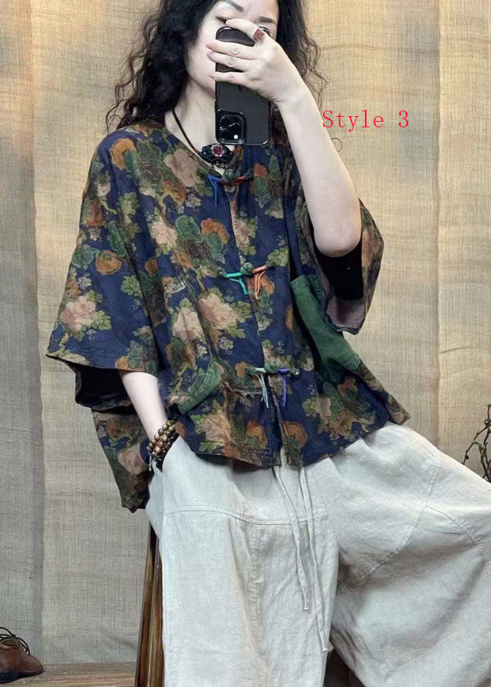 Summer New Loose Linen Print Patchwork Pockets Button Top FF023